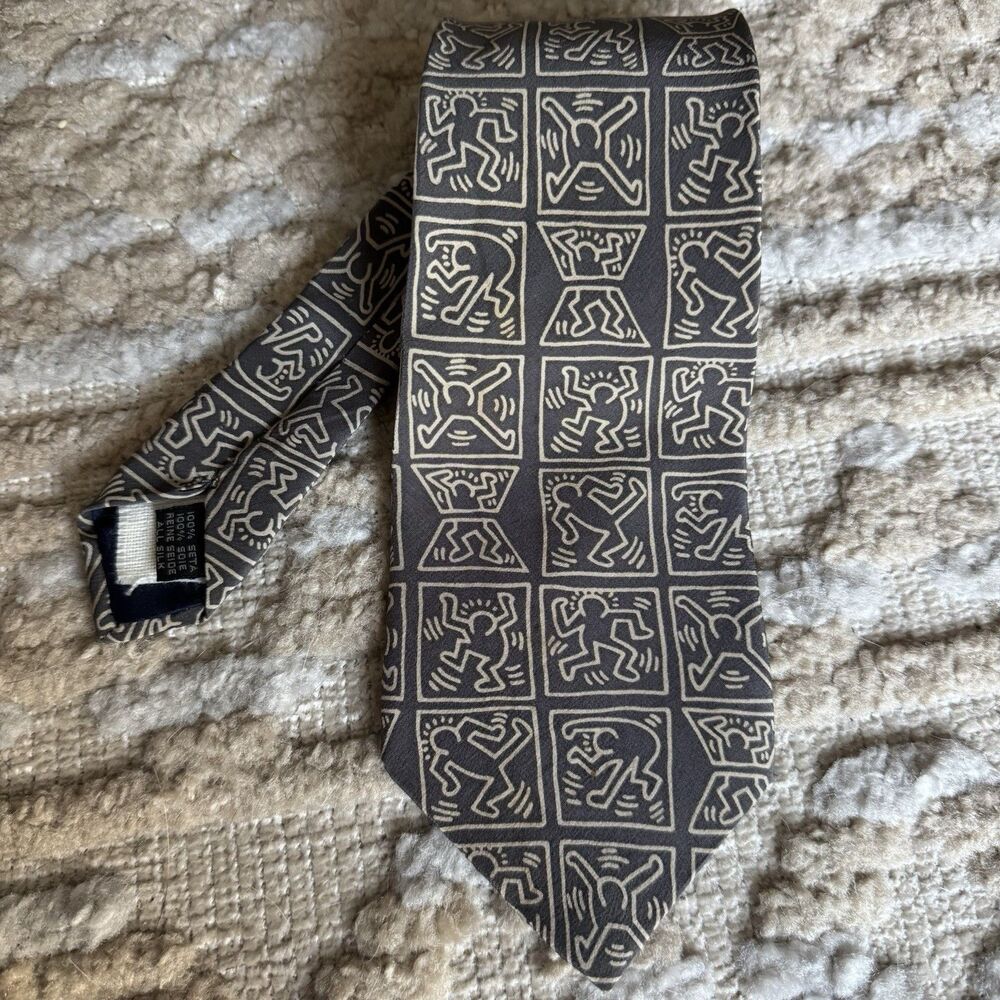 Keith Haring Playboy Archives Limited Edition 100% Silk Necktie Gray Art Tie VTG